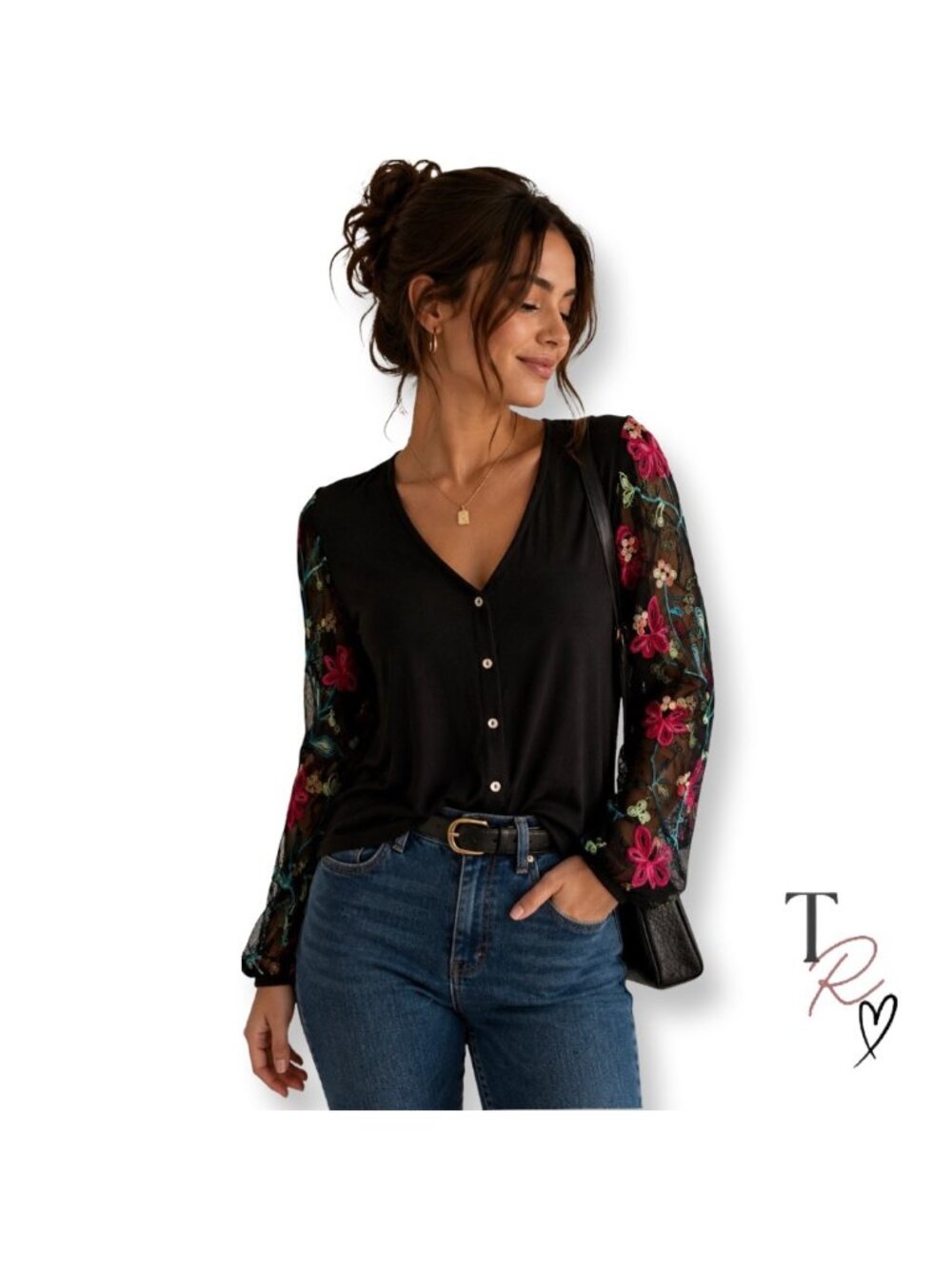 Kim & Cami Embroidered Mesh Floral Sleeve Button Front Blouse Cardigan Small